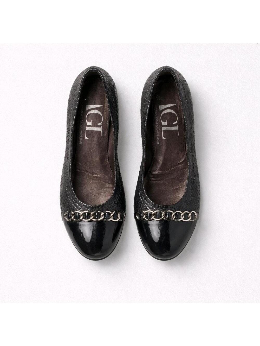 AGL Women's Ballet Flat Shoes Black Patent & Metallic Snakeskin Slip-On Sz 37.5